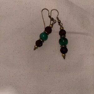 Artisan Malachite and Wood Bead Drop earrings